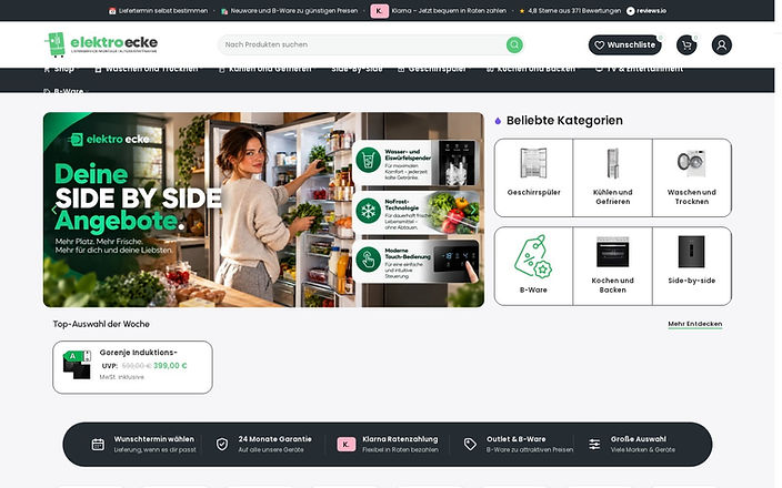 Startseite des Elektro-Ecke-Onlineshops auf dem Desktop