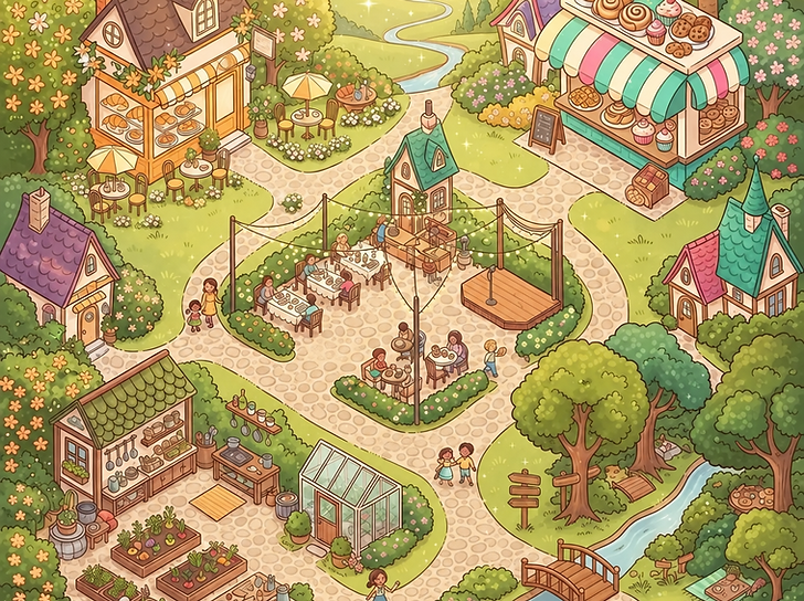 An illustrated map of the Brunch Brigade village, featuring five brunch destinations connected by cobblestone paths.