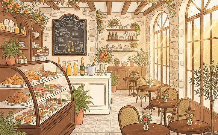The illustrated interior of Mimi's Croissant Café, filled with warm golden light, pastries, and a mimosa bar.