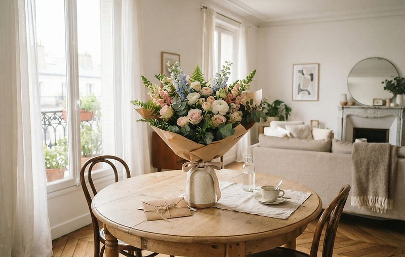 Bouquet livré dans un intérieur lumineux