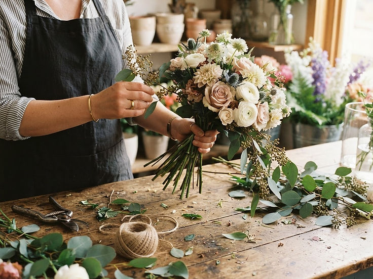Artisan fleuriste composant un bouquet