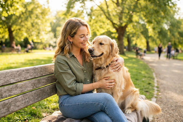 A person and a dog sitting together on a park bench in the sun