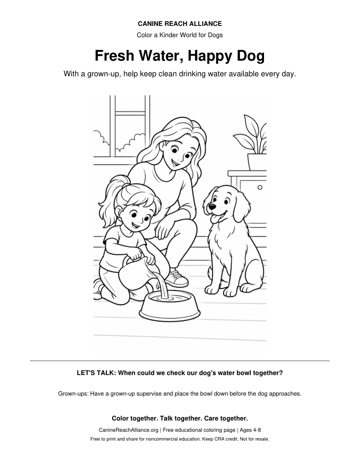 Fresh Water, Happy Dog printable coloring page: With a grown-up, help keep clean drinking water available every day.