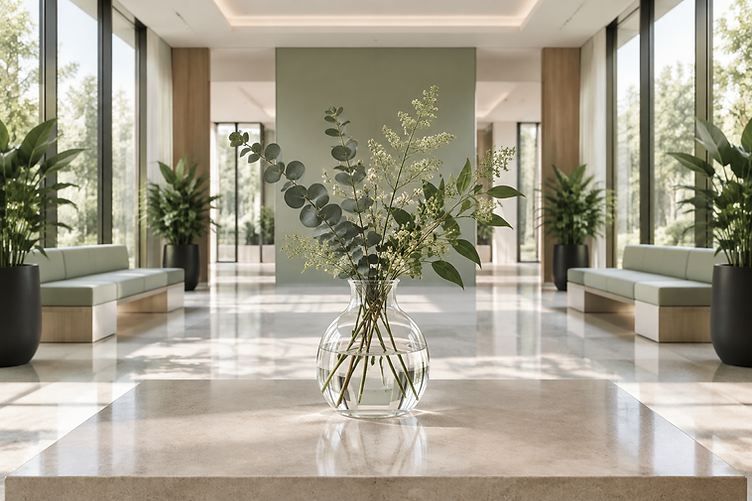 A bright, pristine clinical interior with botanical sprigs in a glass vessel