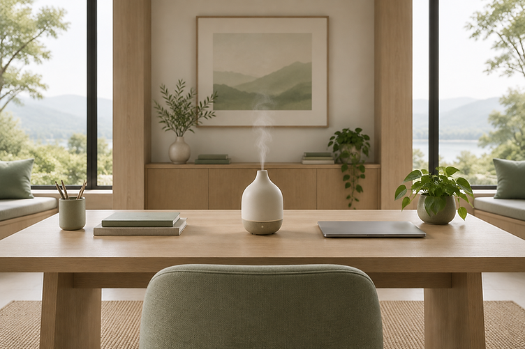 A minimalist workspace with a ceramic essential oil diffuser releasing faint steam