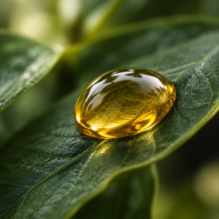 A drop of amber essential oil resting on a dark green leaf