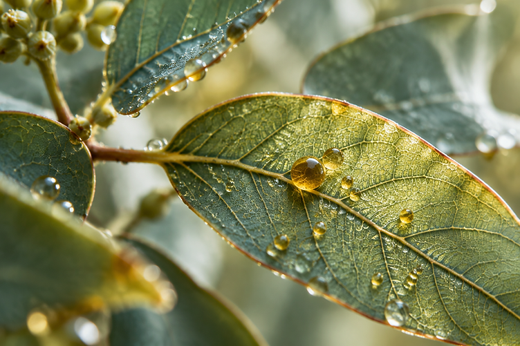 Macro photography of eucalyptus leaves with visible cellular structure and oil droplets