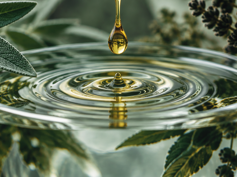 A single drop of golden essential oil meeting water in a glass vessel