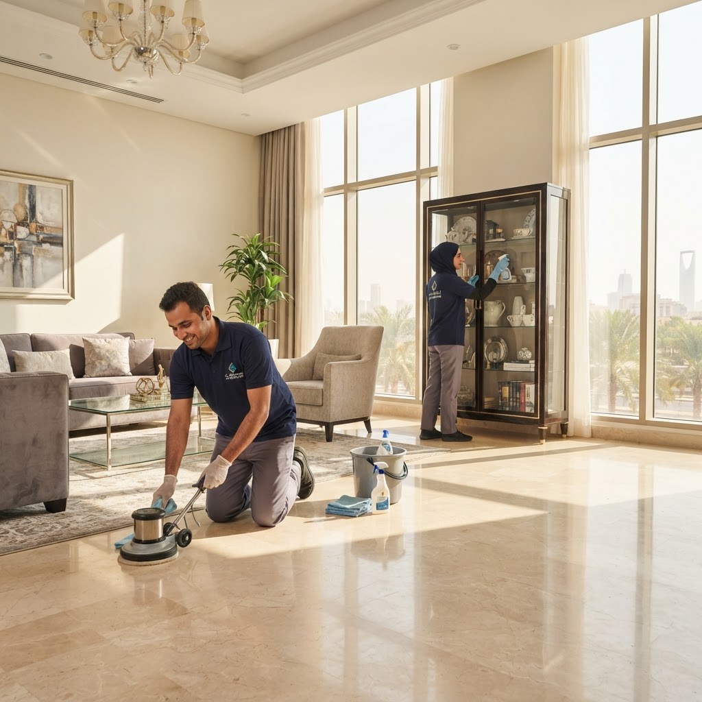فريق شركة أمان المثالية أثناء تنظيف منزل