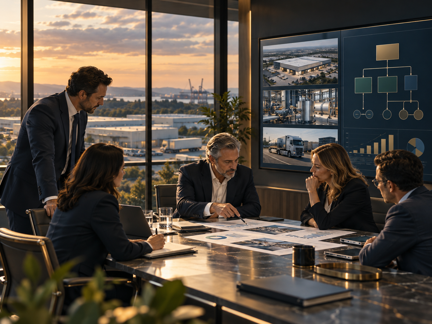 Senior executives reviewing a middle-market company's operations, assets, and enterprise structure in a boardroom at sunset