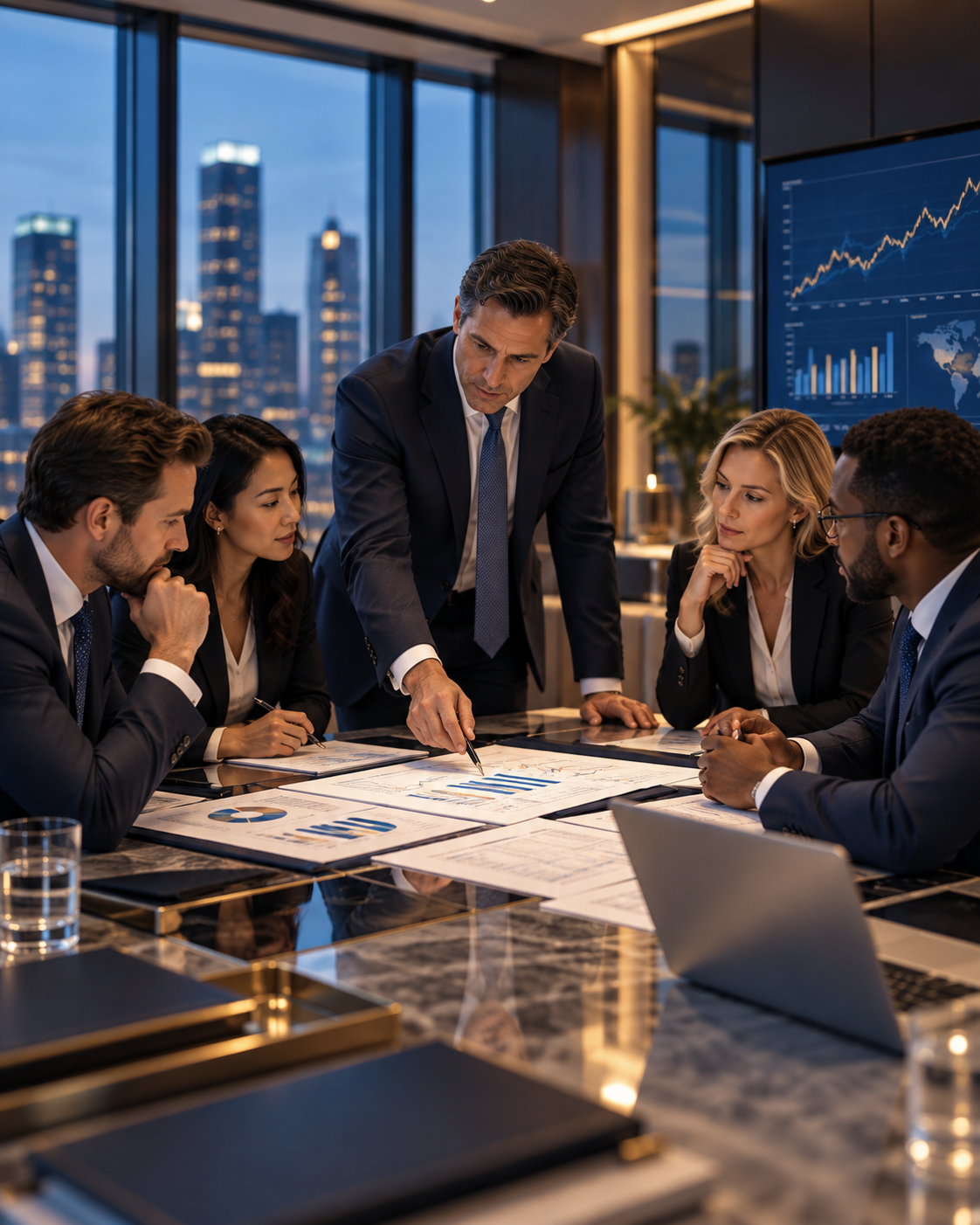 A senior executive leading a professional team through financial documents and capital strategy in a boardroom at dusk