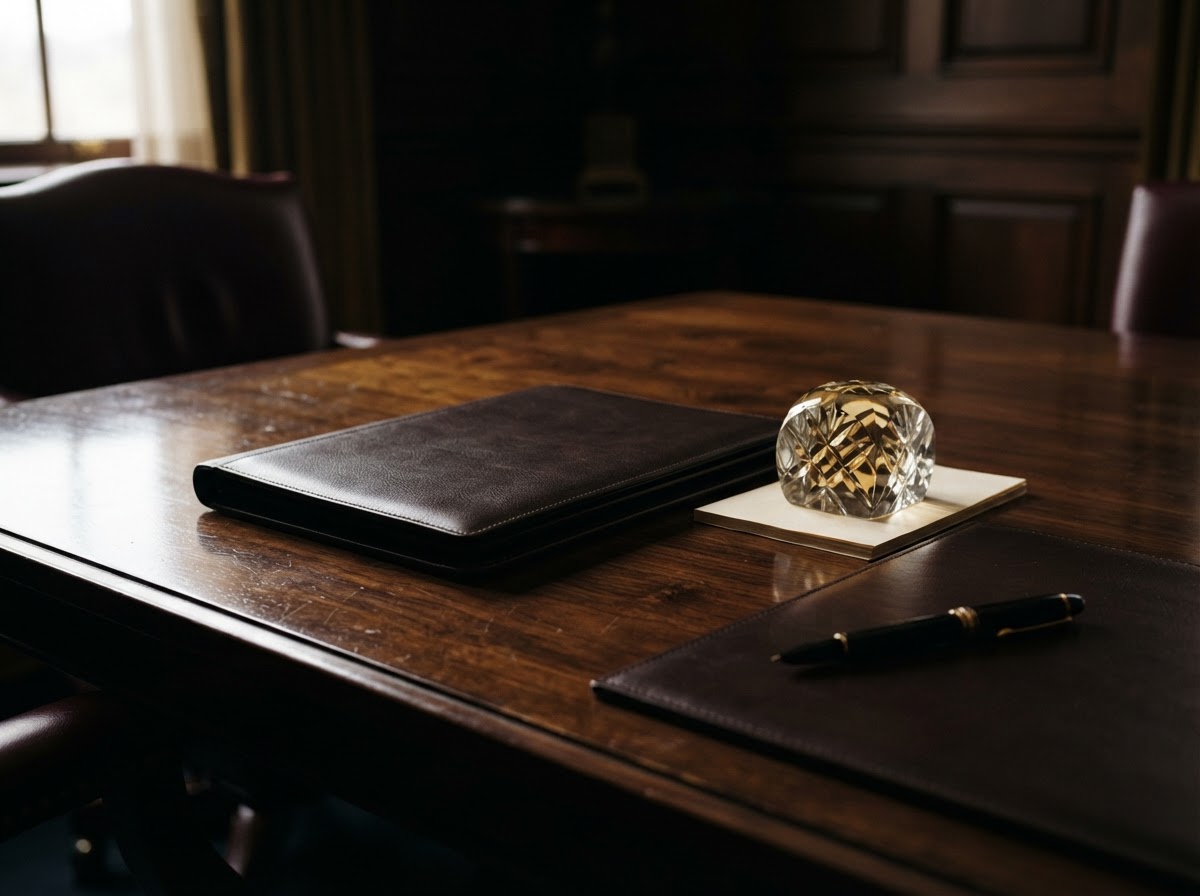 Close-up of a high-end boardroom table with leather and dark wood