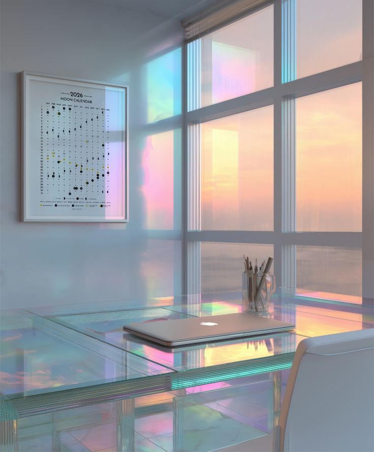 Iridescent reflective desk in soft morning light