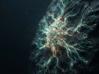 Glowing network of teal and gold filaments emerging from dark stone