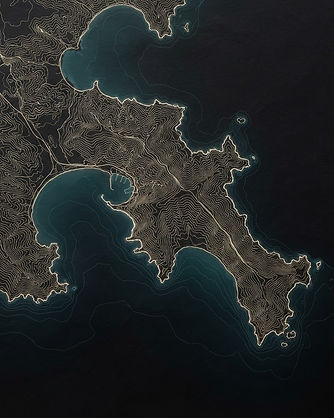 Abstract topographic contour map of a rugged coastline