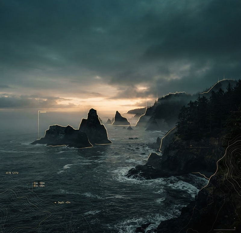 Rugged Oregon South Coast cliffs and sea stacks at dawn