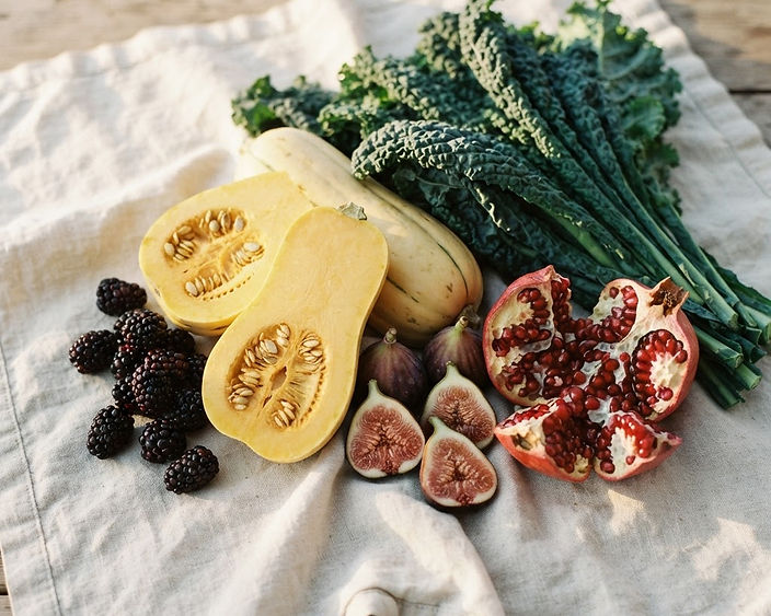 Autumn harvest produce on linen