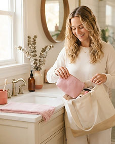 Illustrative lifestyle image of a small pouch being packed into a tote bag