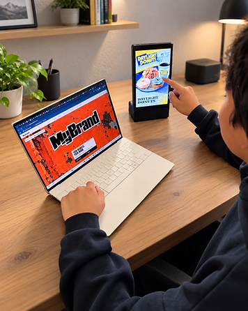 Diego at his desk, with the MyBrand site open on the laptop and a Daylight Donuts ad on the screen