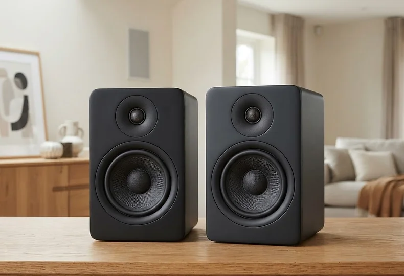 זוג רמקולים מדפיים DMS Shelf 5 בסביבת האזנה מעוצבת