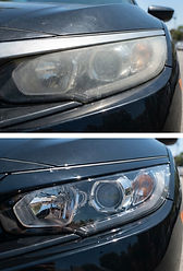 Before and after headlight restoration on a black Honda Civic