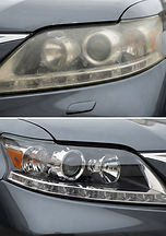 Before and after headlight restoration on a gray Lexus RX