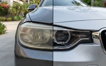 Car headlight shown half cloudy and half restored to clear