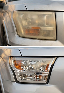 Before and after headlight restoration on a silver Ford F-150