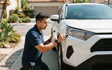 Technician polishing a car headlight in a sunny residential driveway