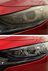 Before and after headlight restoration on a red Mazda 3