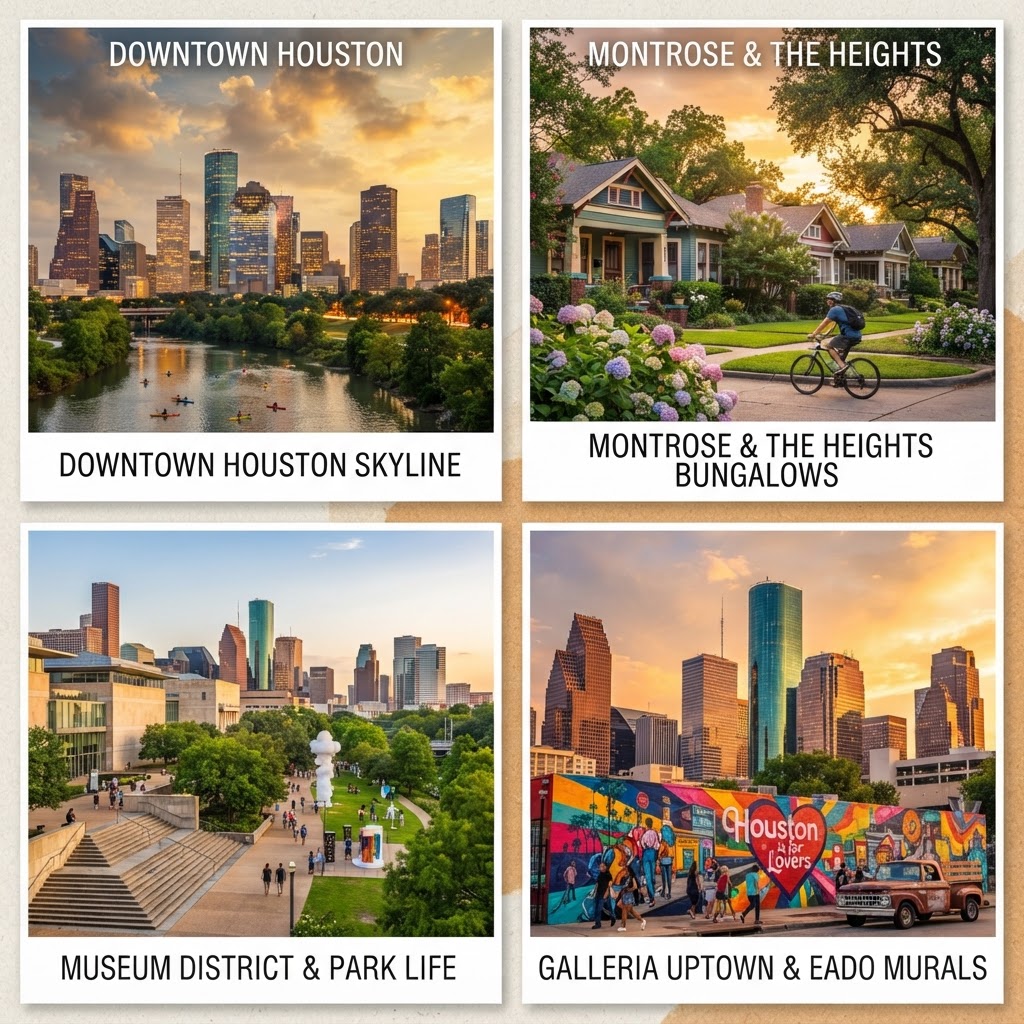 A collage of Houston, Texas neighborhoods — downtown skyline, Montrose bungalows, Heights Victorian homes, Buffalo Bayou Park, and a quiet residential street