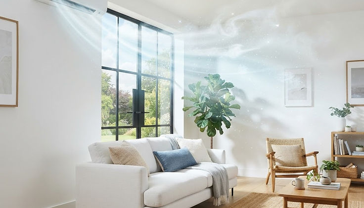 Wiltshire living room cooled by a wall-mounted air conditioning unit in summer