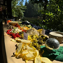 Catered grazing table outdoors with sliced squash, cheese and fresh vegetables