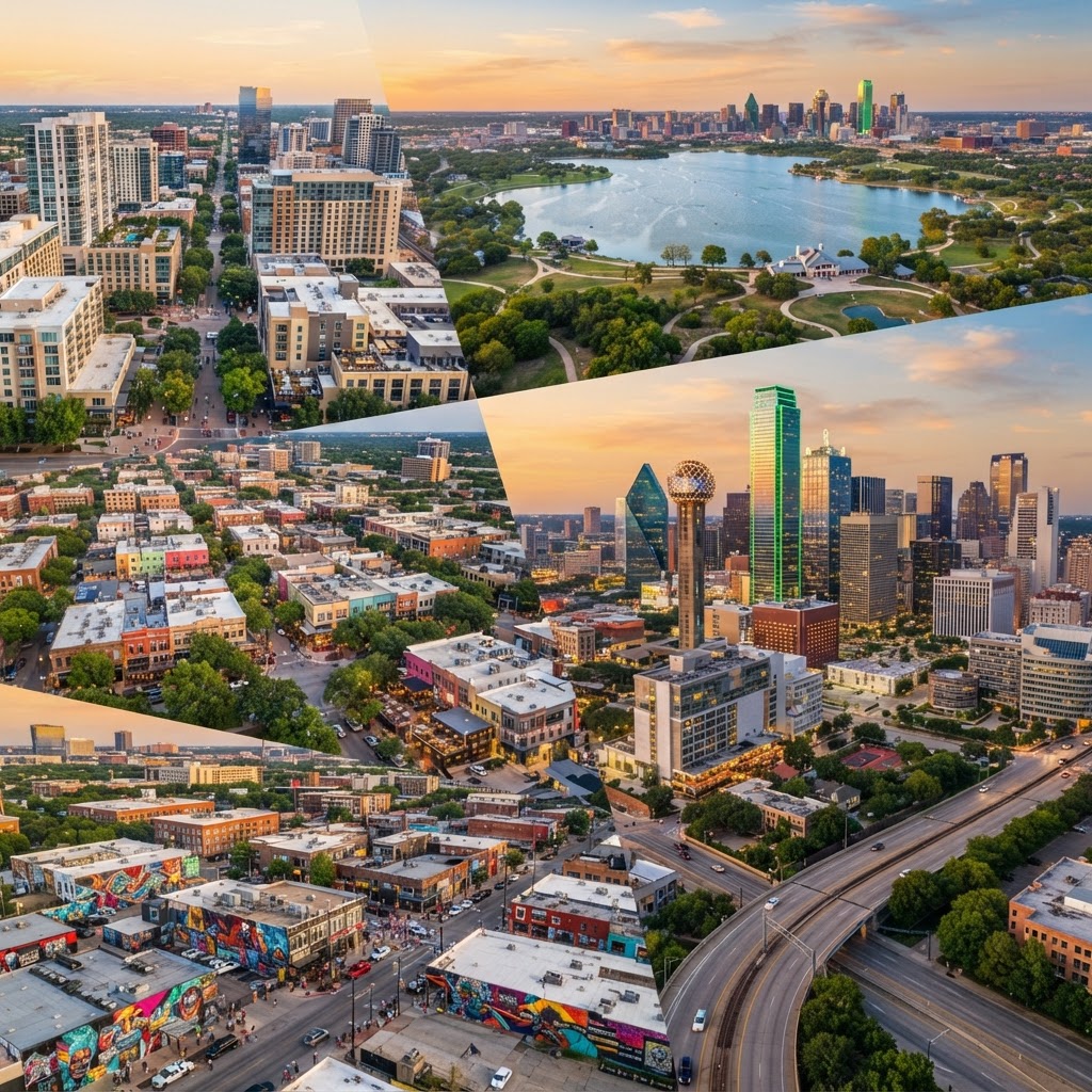 A collage of Dallas, Texas neighborhoods — downtown skyline, Bishop Arts bungalows, Lakewood homes, White Rock Lake, and a quiet residential street