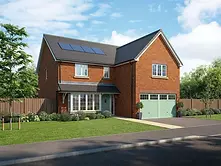 Standish — red brick Wain Homes Ascend home with a sage green garage and solar panels