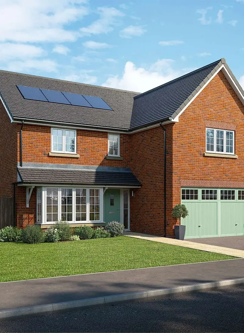 A red brick Wain Homes Ascend home with sage green doors and garage, solar panels, a front lawn and a wooden fence