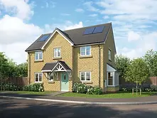 Meadowvale — stone-fronted Wain Homes Ascend home with solar panels, a sage green front door and a bay window