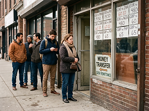 Customers queueing outside a traditional cash money transfer shop