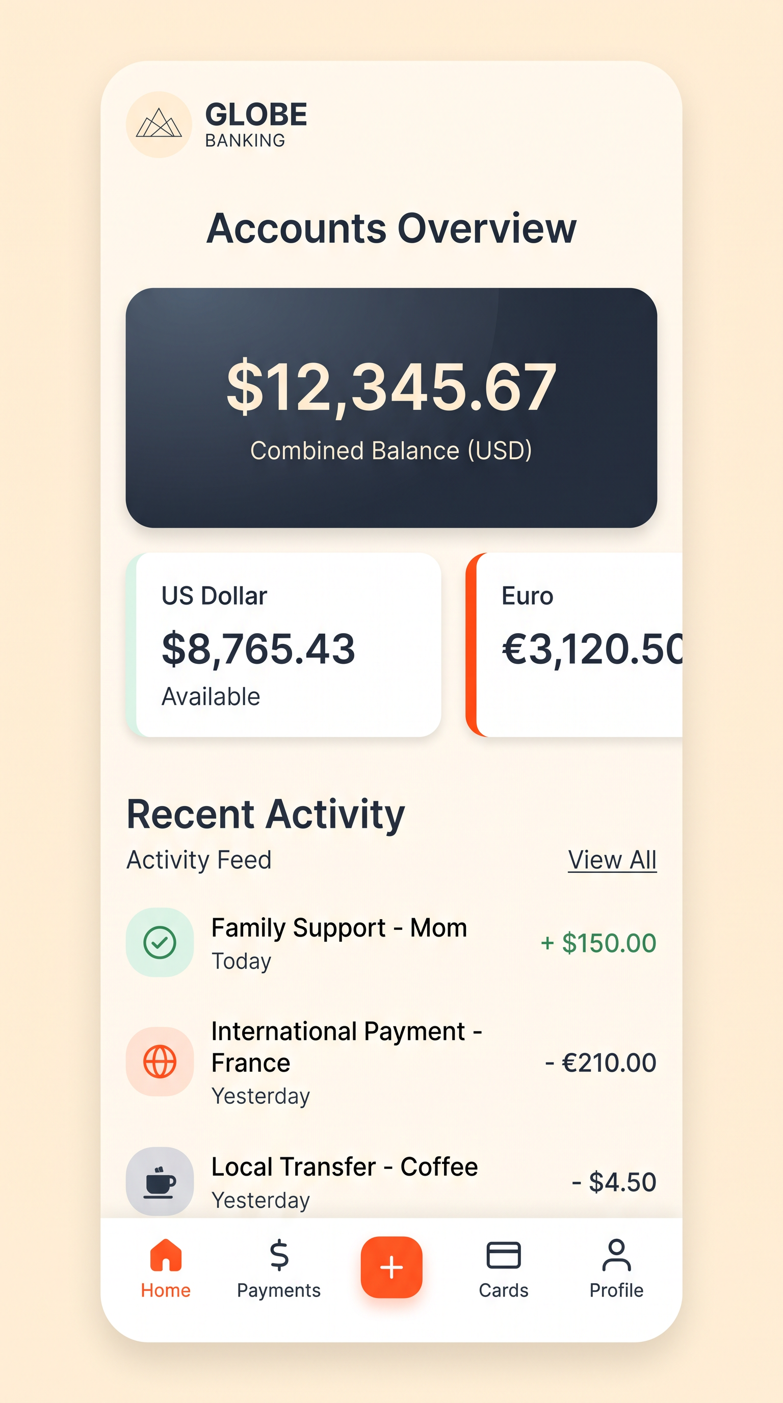 Atmen community account overview showing multi-currency wallet balances and recent family support activity