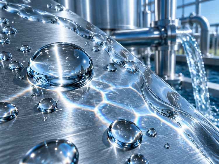 Wassertropfen und Lichtbrechung auf Edelstahl in einer industriellen Anlage