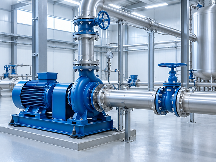 Industrielle Pumpen- und Rohrtechnik in einer hellen Anlage