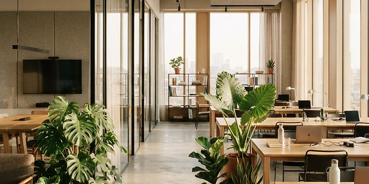 Illustrative light-filled London workspace with plants and glass partitions