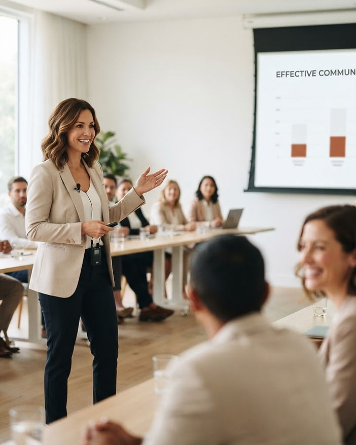 Instructor leading a corporate presentation training in an adult classroom