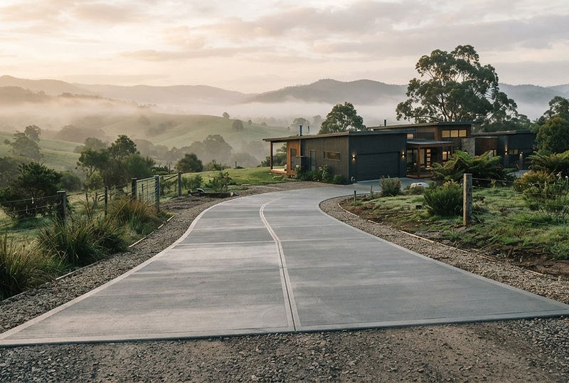 Concrete driveway leading to a rural West Gippsland home at dawn