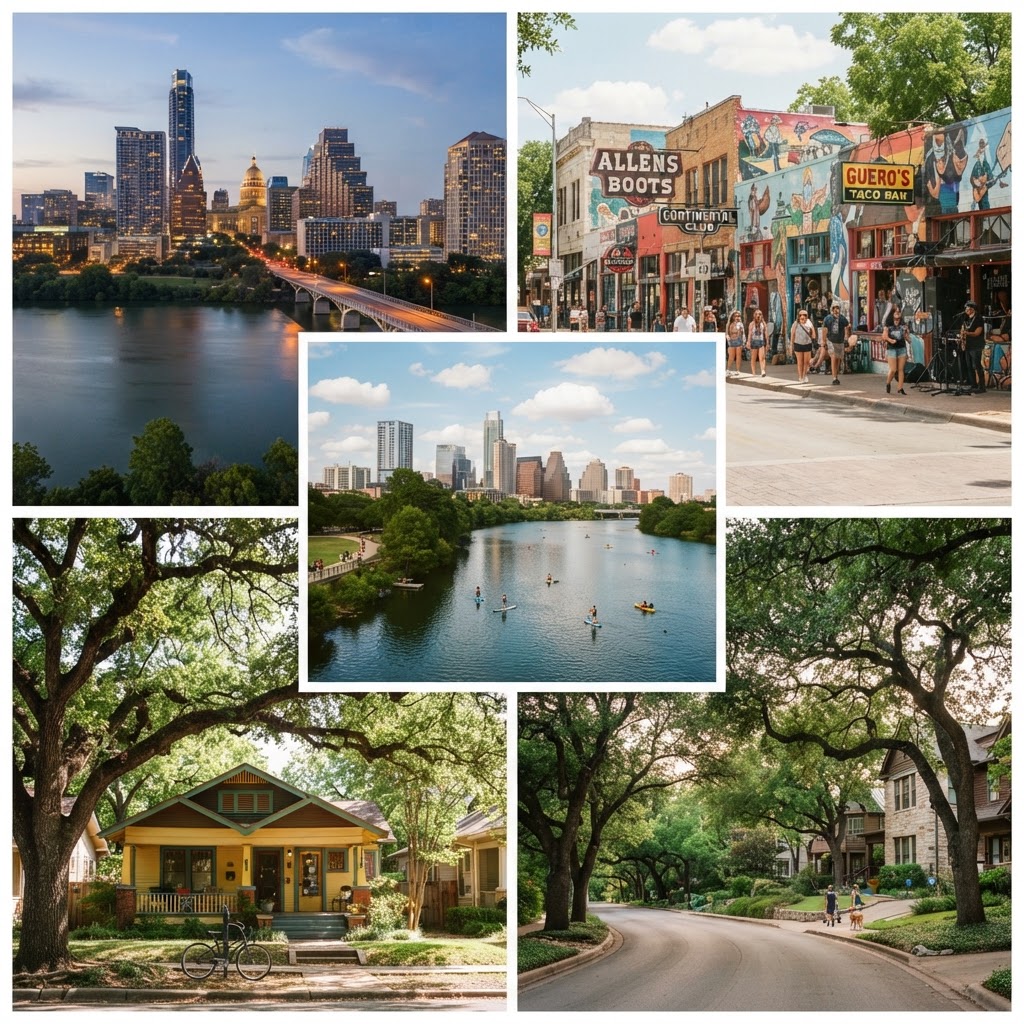 A collage of Austin, Texas neighborhoods — downtown skyline, South Congress storefronts, Hyde Park bungalows, Lady Bird Lake, and a quiet residential street