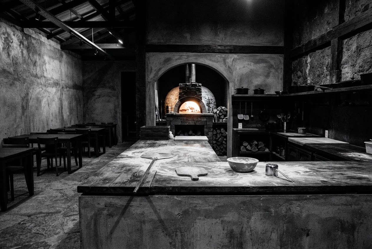 Pizzeria Di Melkis vedeldade ugn och insida