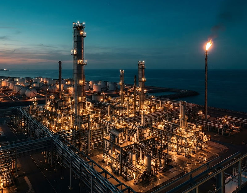 Chemical manufacturing plant at blue hour