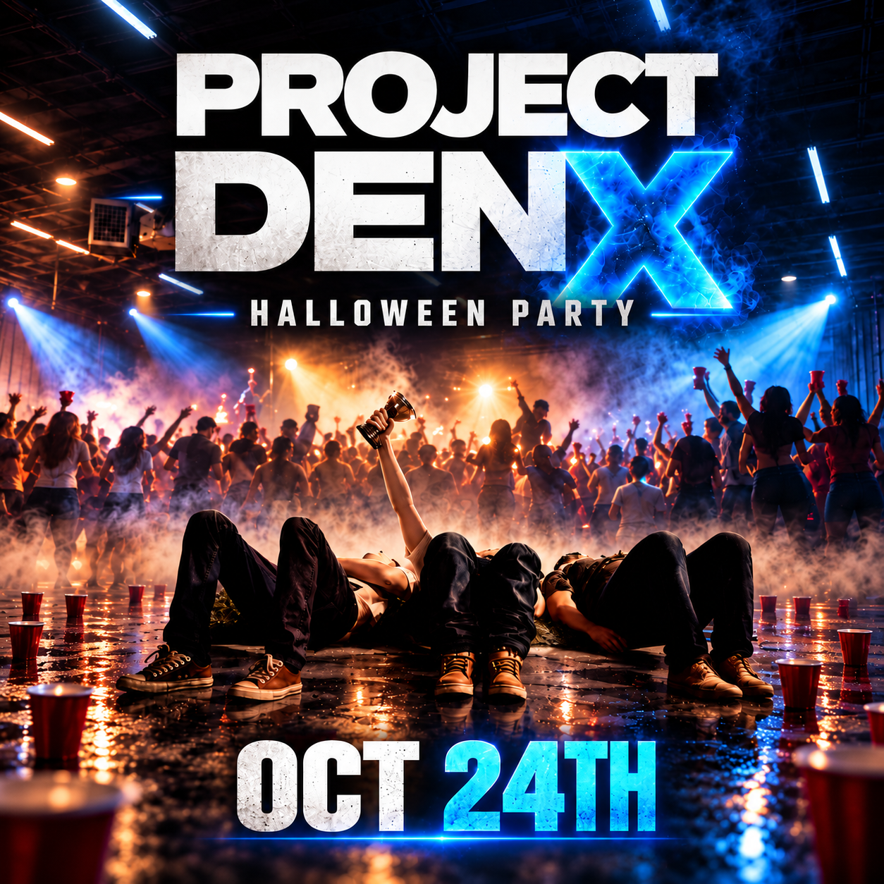 PROJECT DENX Halloween Party — October 24th, warehouse party with neon blue lighting, costume contest and prizes