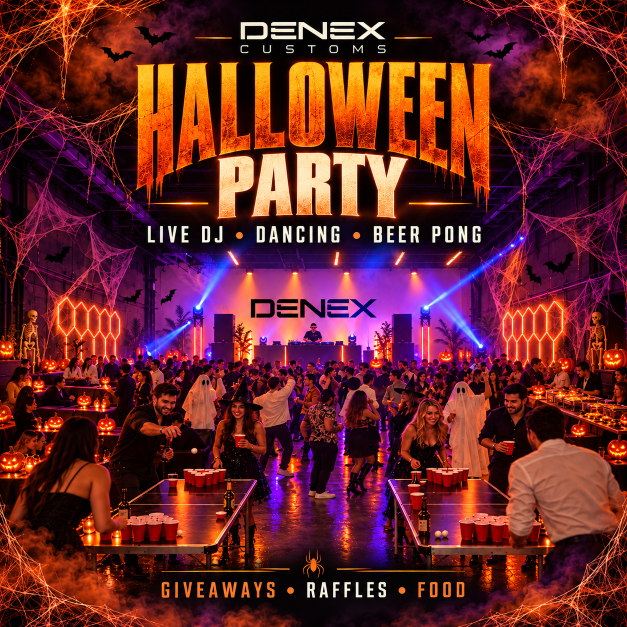 DENEX Customs Halloween Party flyer with live DJ, dancing, beer pong, giveaways, raffles and food