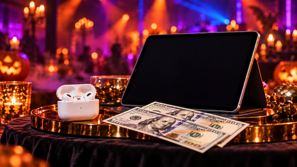 Halloween prize table with Apple EarPods, iPad, and $200 cash